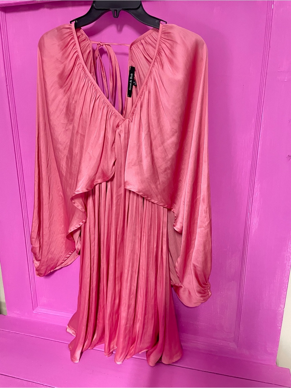 Silky Pink Tie-Back Mini Dress with Ruffle Front